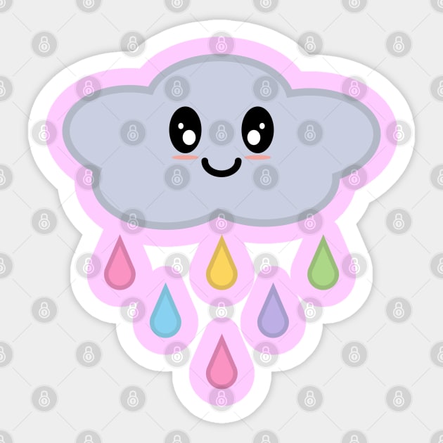 Kawaii Cute Rainbow Raindrop Rain Cloud in Pink Sticker by Kelly Gigi